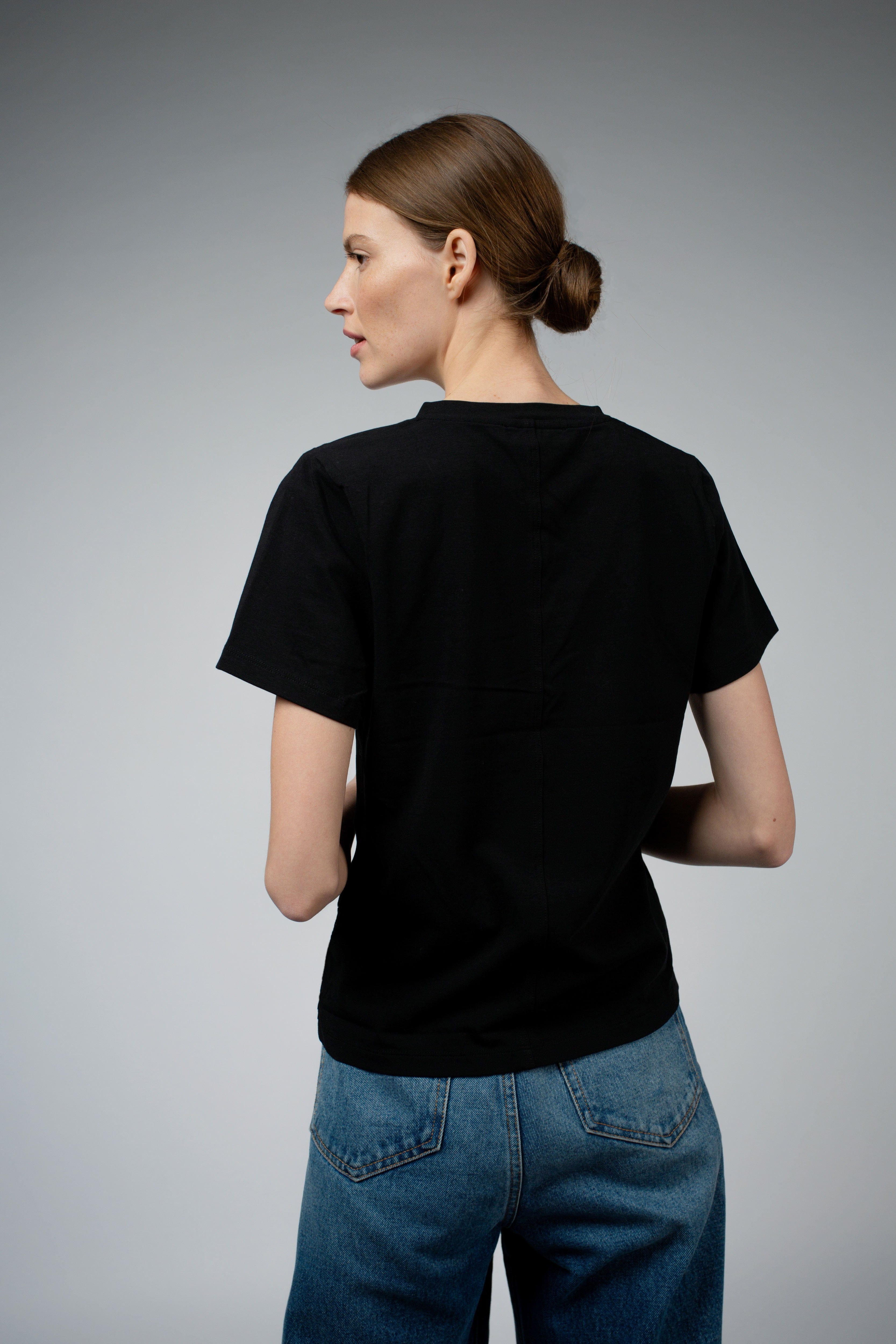 Magda Organic Cotton V-Neck T-Shirt in black, back view — Santicler Japandi fashion