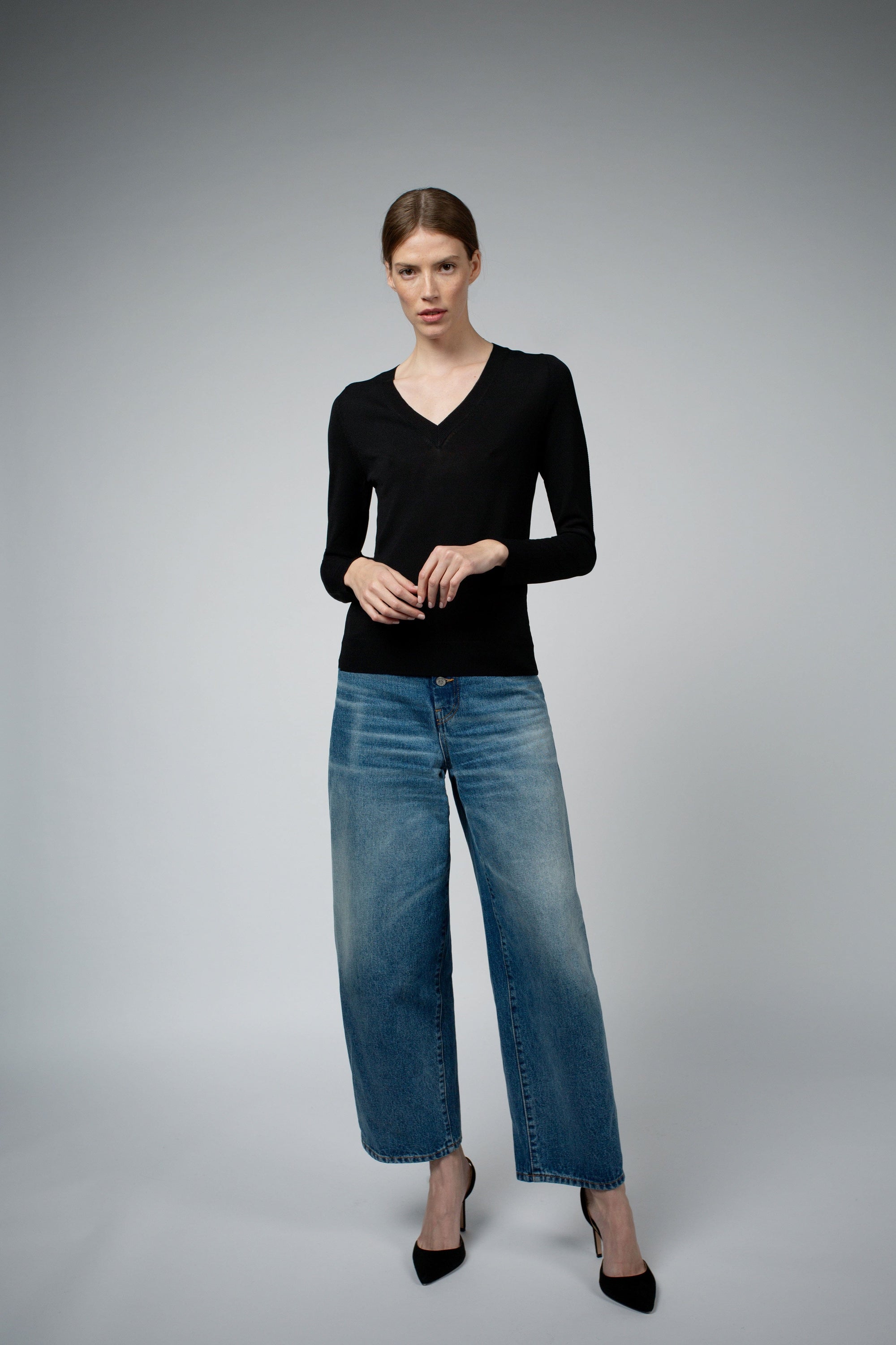 Livia Long-Sleeve V-Neck Sweater in black, full-length styled front view — Santicler Japandi fashion