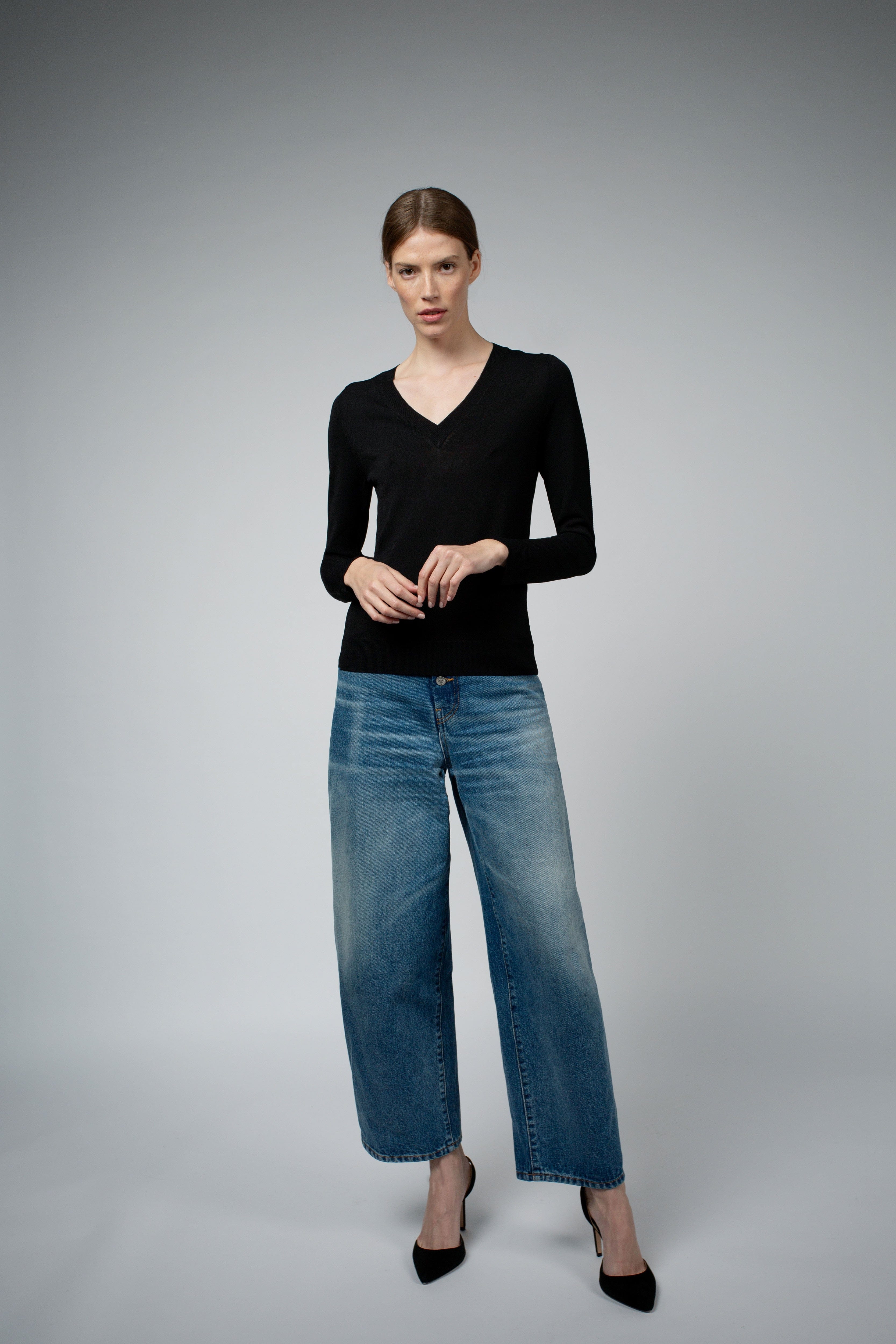 Livia Long-Sleeve V-Neck Sweater in black, full-length styled front view — Santicler Japandi fashion
