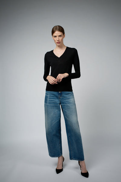 Livia Long-Sleeve V-Neck Sweater in black, full-length styled front view — Santicler Japandi fashion