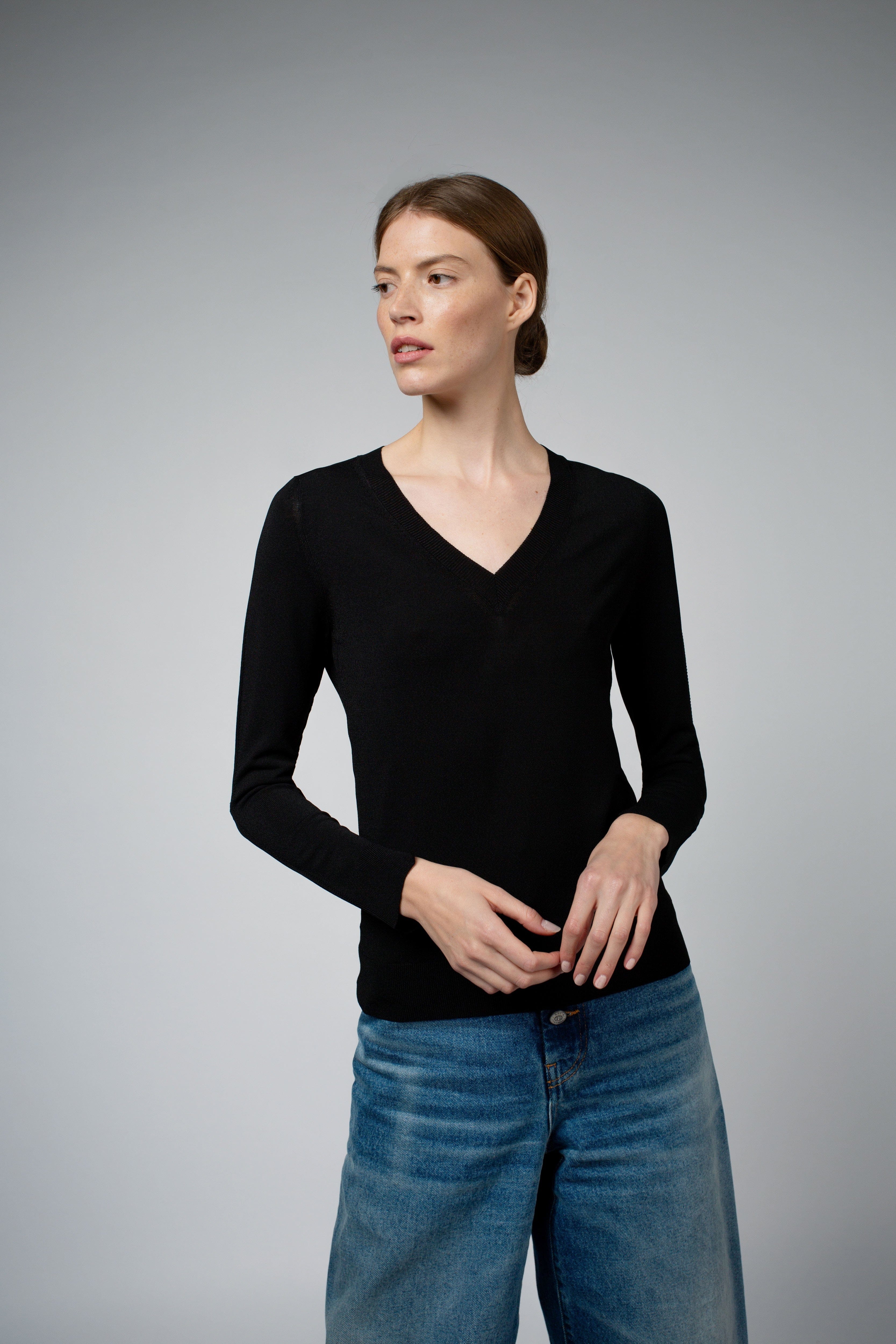Livia Long-Sleeve V-Neck Sweater in black, front view — Santicler Japandi fashion