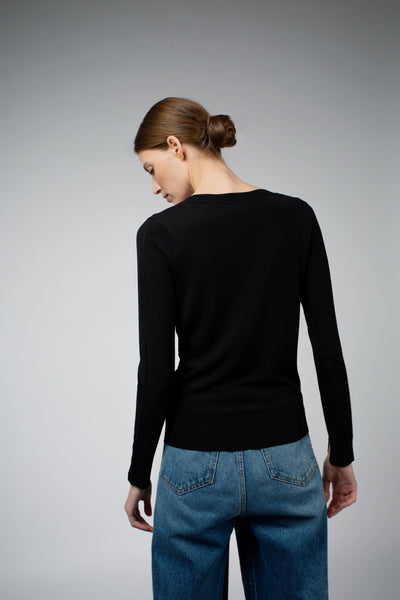 Livia Long-Sleeve V-Neck Sweater in black, back view — Santicler Japandi fashion