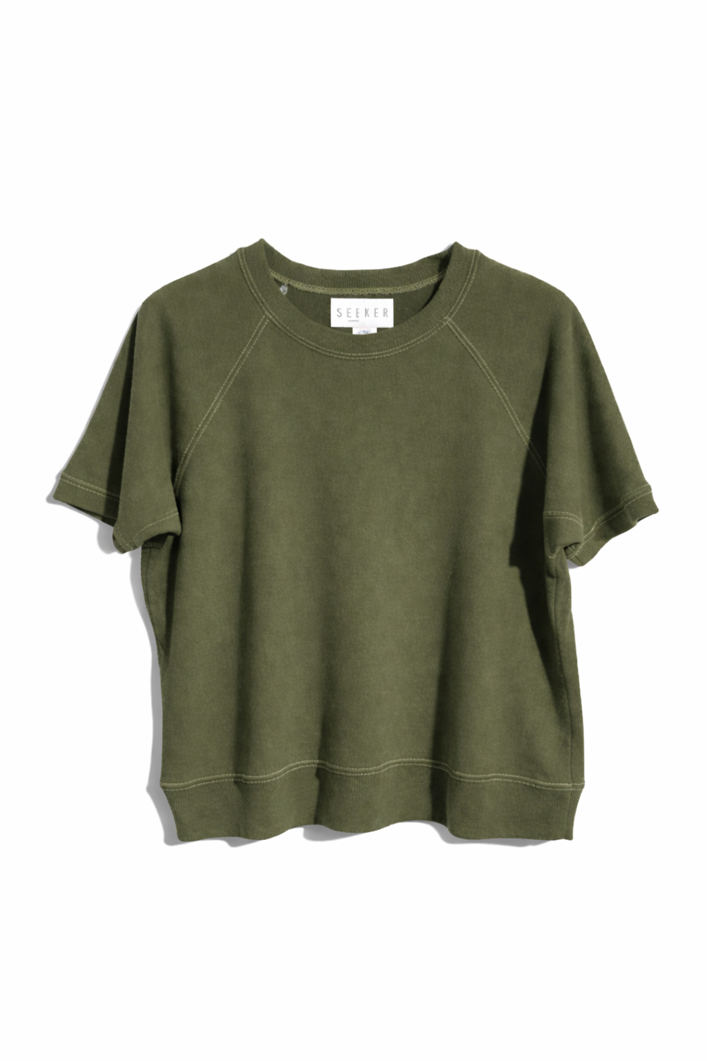 Front product view of the olive green short-sleeve raglan shirt.