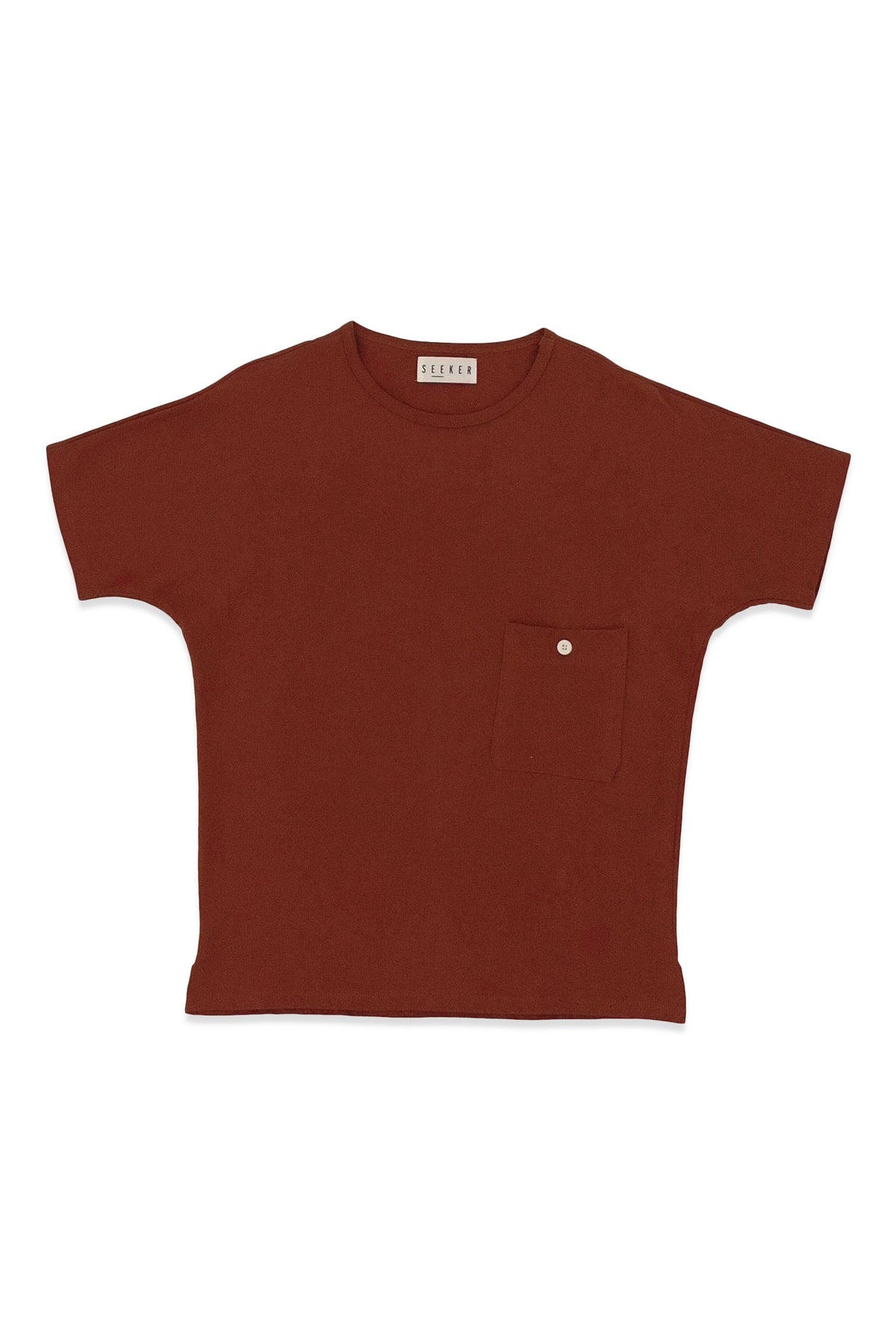 Front product view of the rust-red Pocket Dolman Tee with a chest pocket.