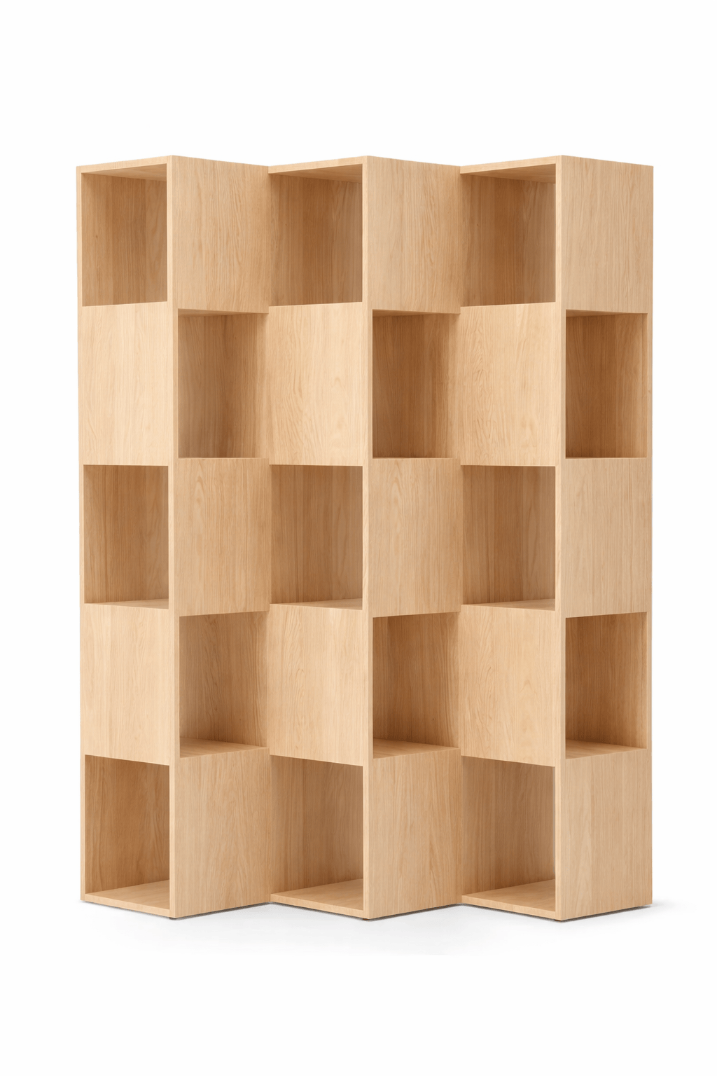 FOLD Shelving 5-3 modular oak bookcase with folded compartments, Japanese Oak White Wash