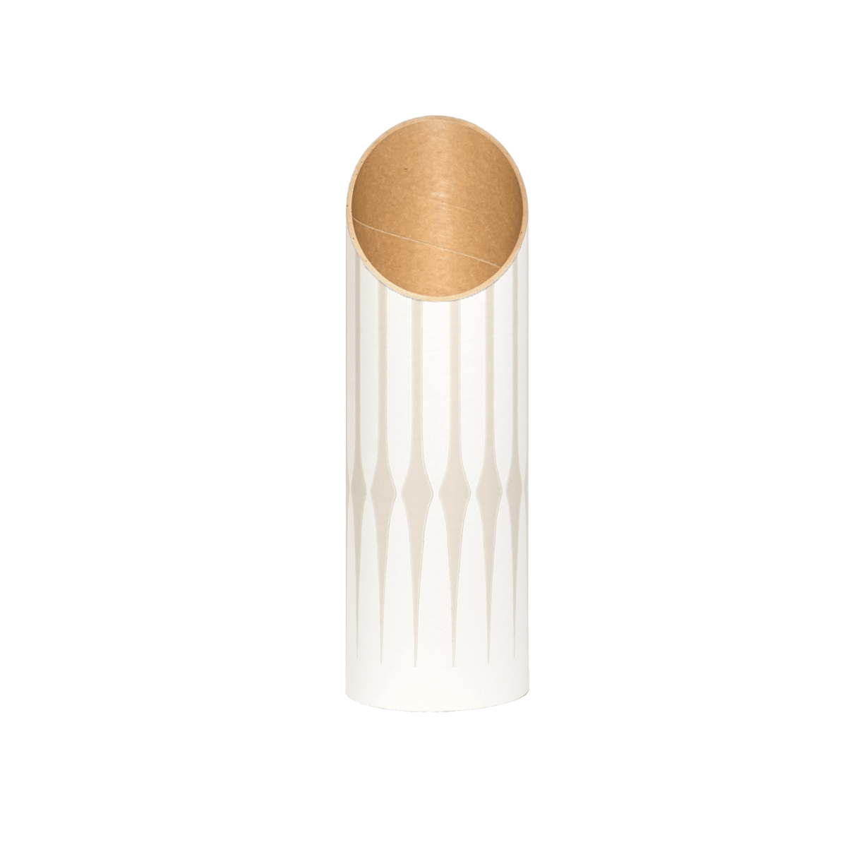 Front view of the empty white storage tube, showing its tan geometric pattern, angled opening, and warm kraft-paper interior.