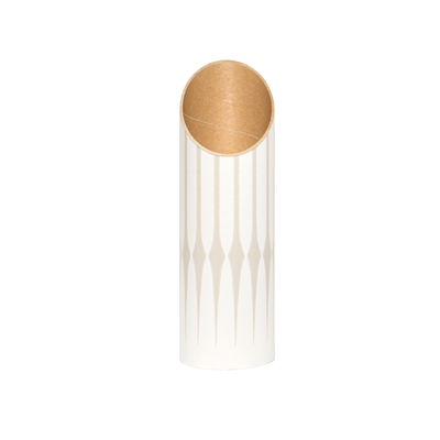 Front view of the empty white storage tube, showing its tan geometric pattern, angled opening, and warm kraft-paper interior.