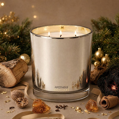 Three lit wicks glow inside the gold-toned Firewood candle, surrounded by evergreen branches, gold ornaments, wood pieces, spices, and amber-colored accents.