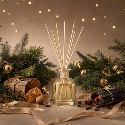 Firewood Mini Reed Diffuser surrounded by evergreen branches, gold ornaments, bundled wood, spices, and amber-colored pieces, with gold ribbon across the tabletop and warm lights behind.