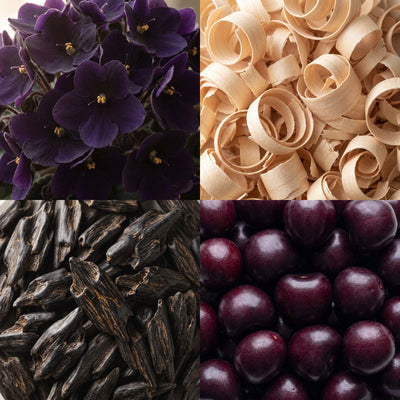 Four-part collage showing deep purple flowers, pale curled wood shavings, dark textured wood pieces, and glossy burgundy cherries.