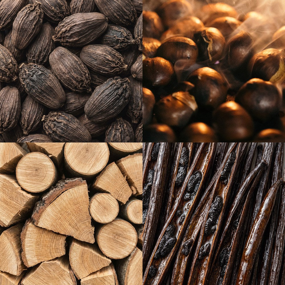 Four-part collage showing dark ridged cardamom pods, glossy brown chestnuts, cut wood with visible growth rings, and long dark vanilla beans.