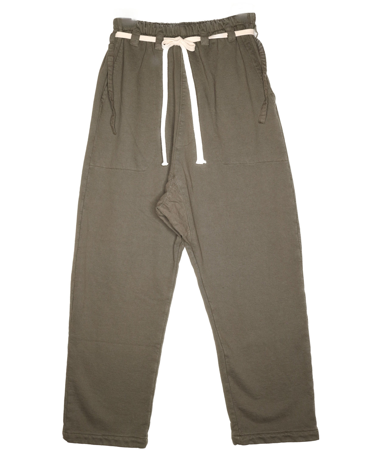 Front product view of muted olive-brown Picasso pants with a white drawstring.