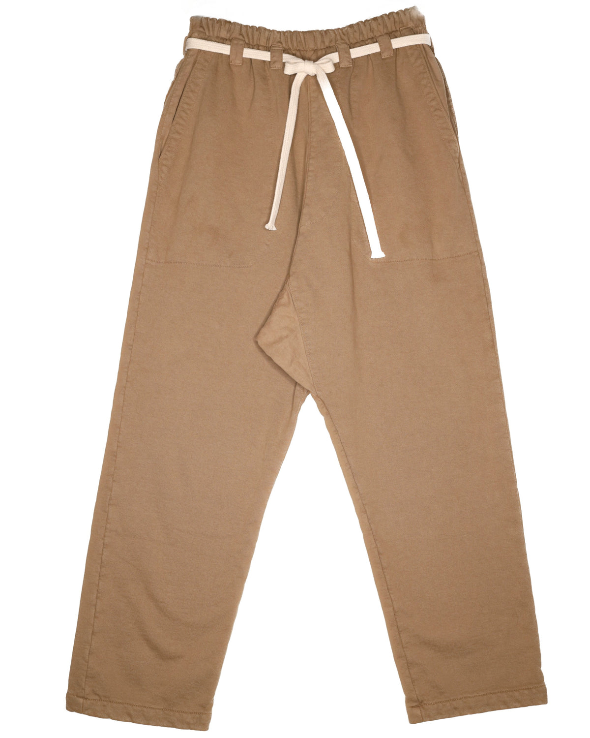 Front product view of tan Picasso pants with a white drawstring.