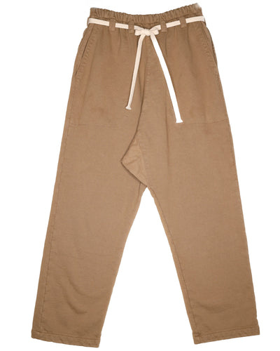 Front product view of tan Picasso pants with a white drawstring.