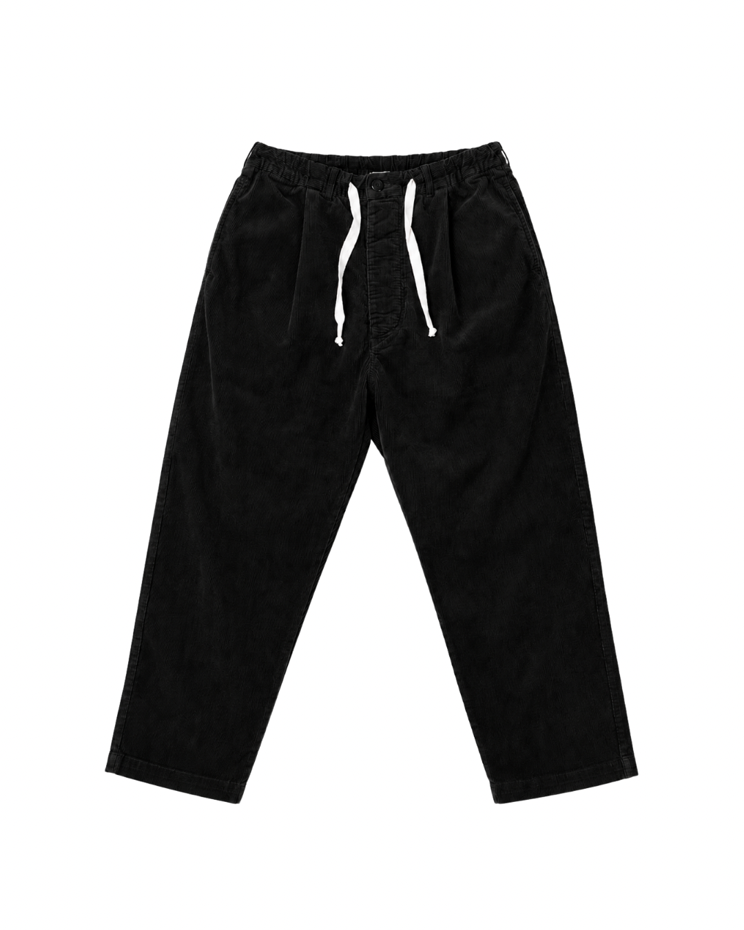 Front product view of black corduroy Paddington pants with a white drawstring.