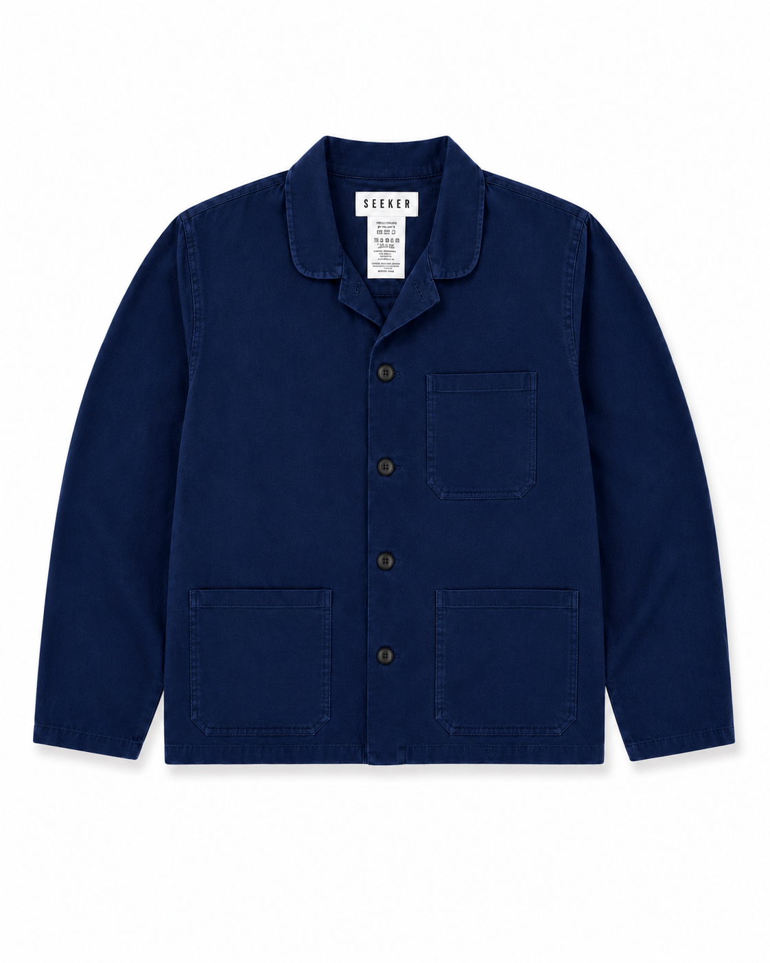 Front product view of the deep navy Travelers Jacket with three patch pockets.
