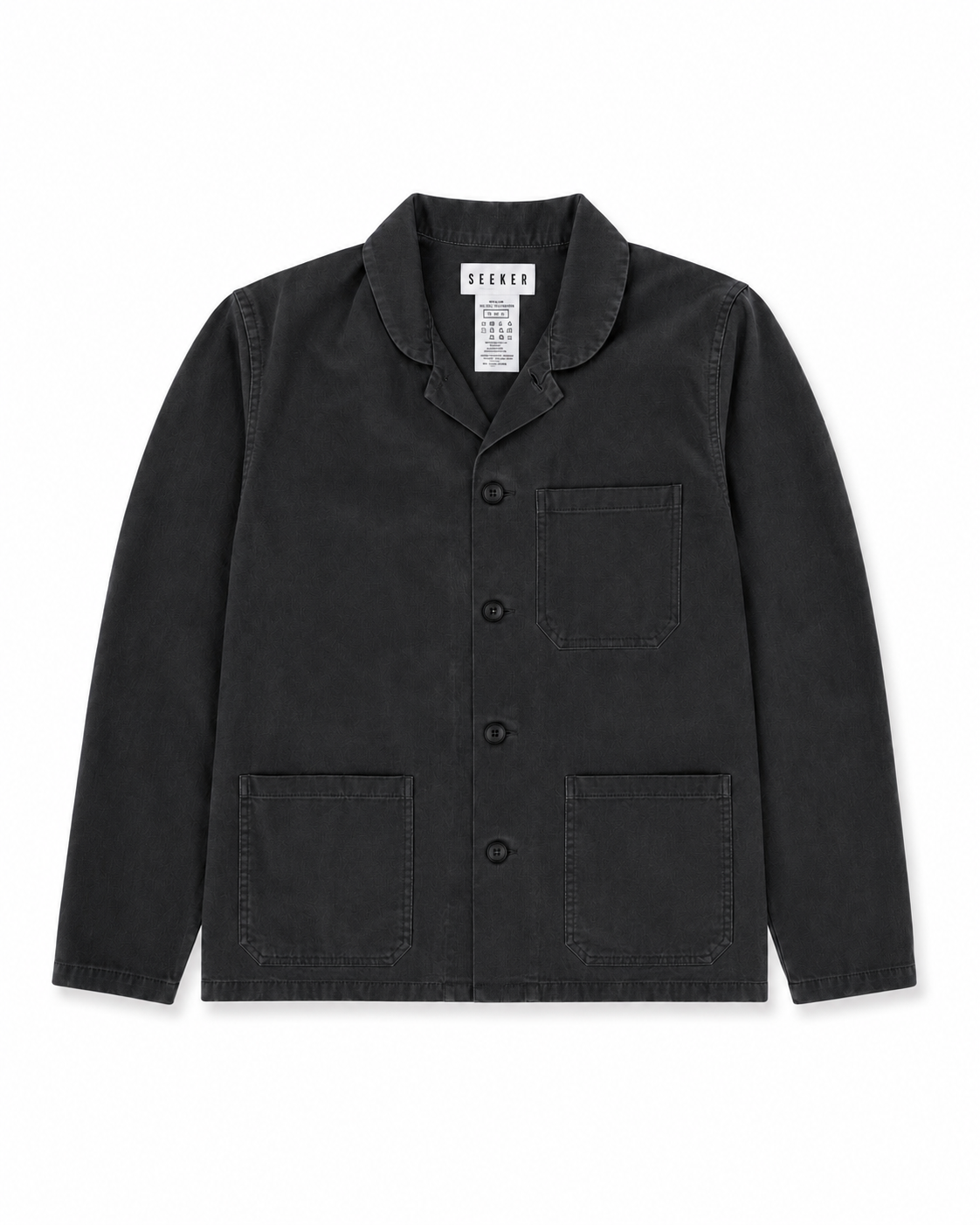 Front product view of the black Travelers Jacket with three patch pockets.