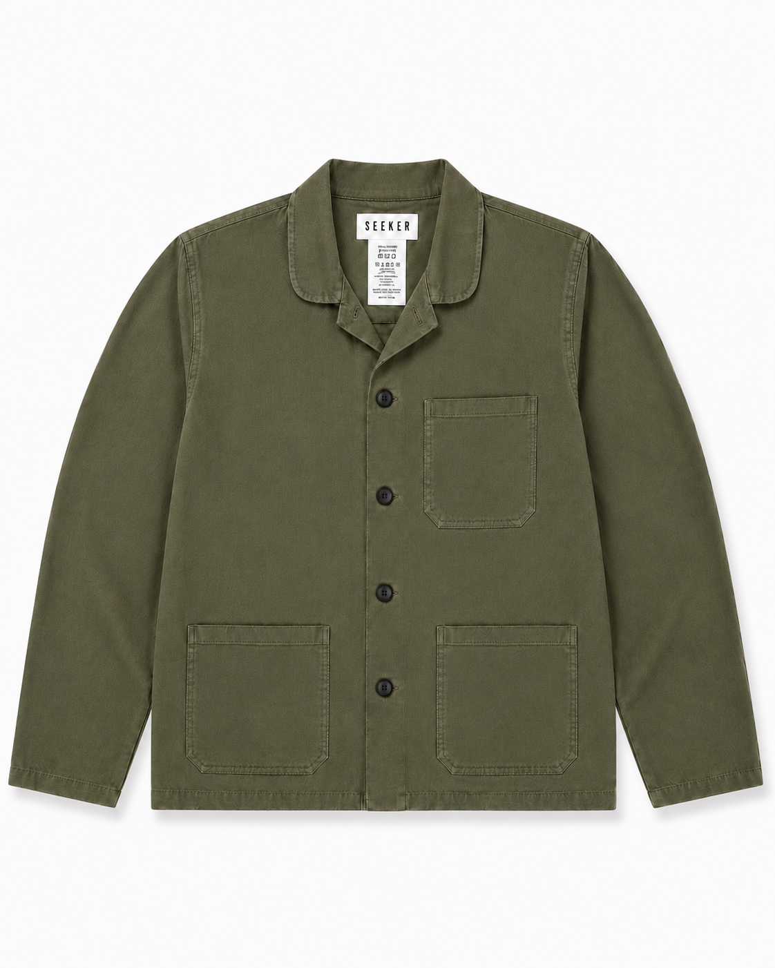 Front product view of the olive-green Travelers Jacket with three patch pockets.