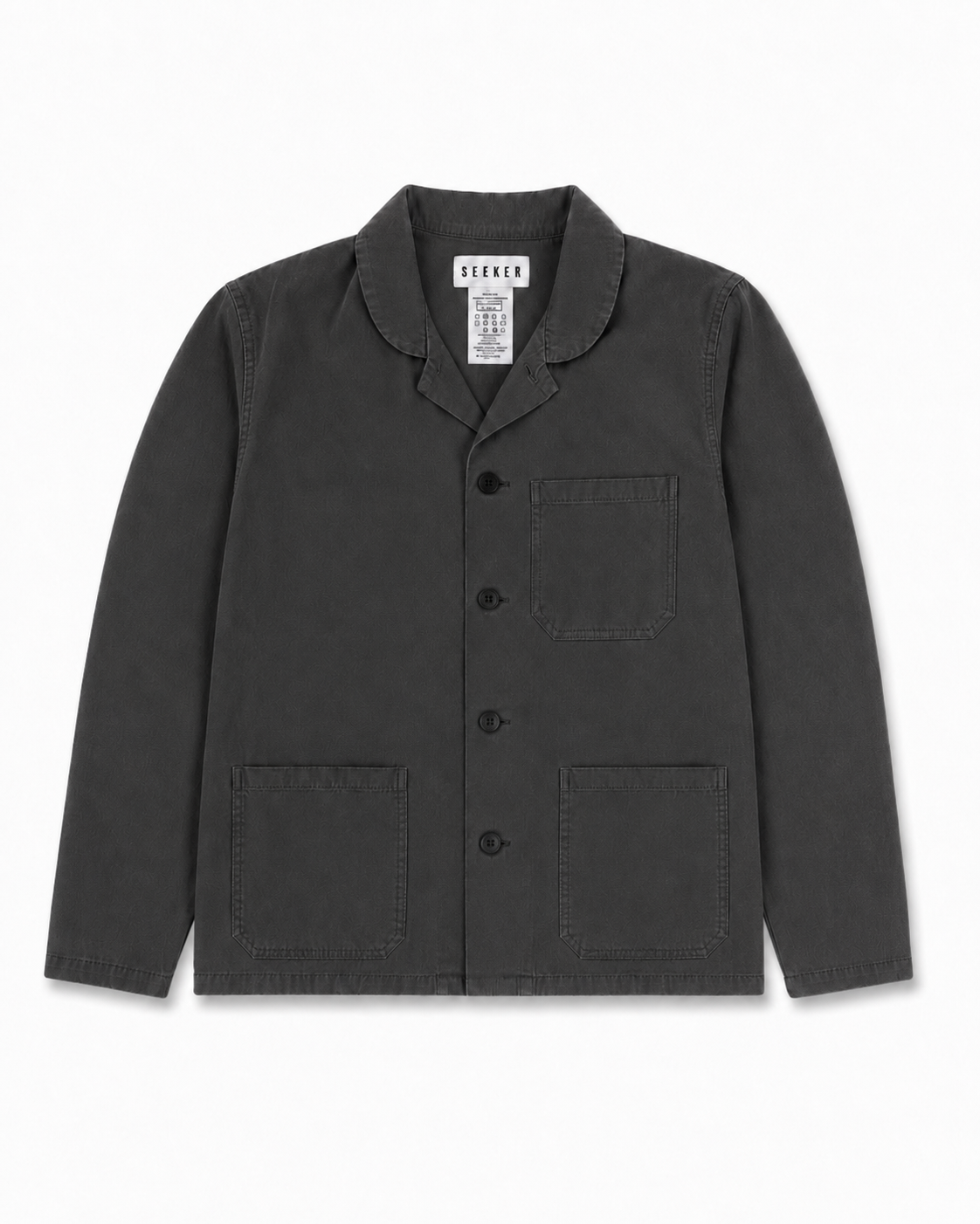 Front product view of the charcoal-gray Travelers Jacket with three patch pockets.