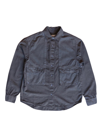 Front product view of the slate-gray Trek Shirt with four utility pockets.