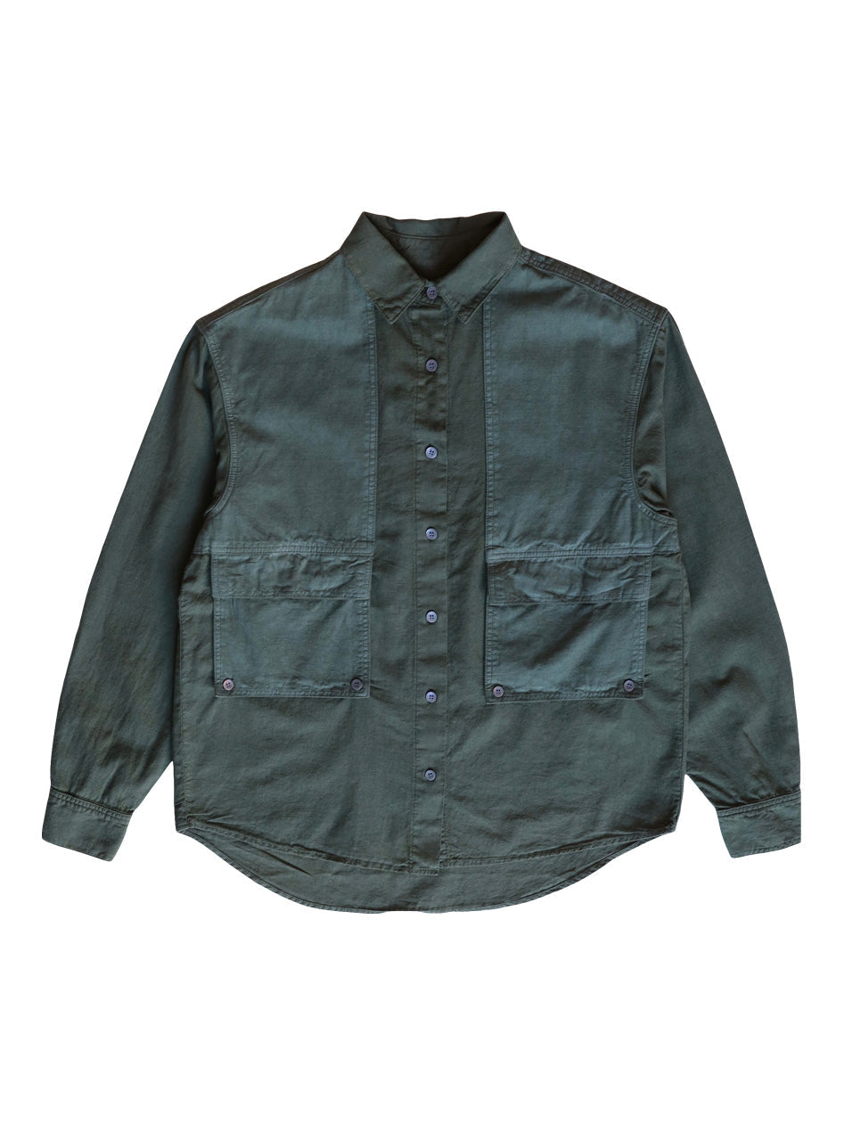 Front product view of the muted teal-green Trek Shirt with four utility pockets.
