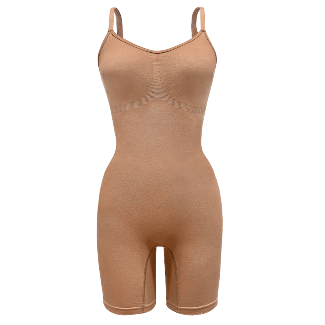 Seamless plant-based shapewear bodysuit in nude with mid-thigh length and light smoothing compression