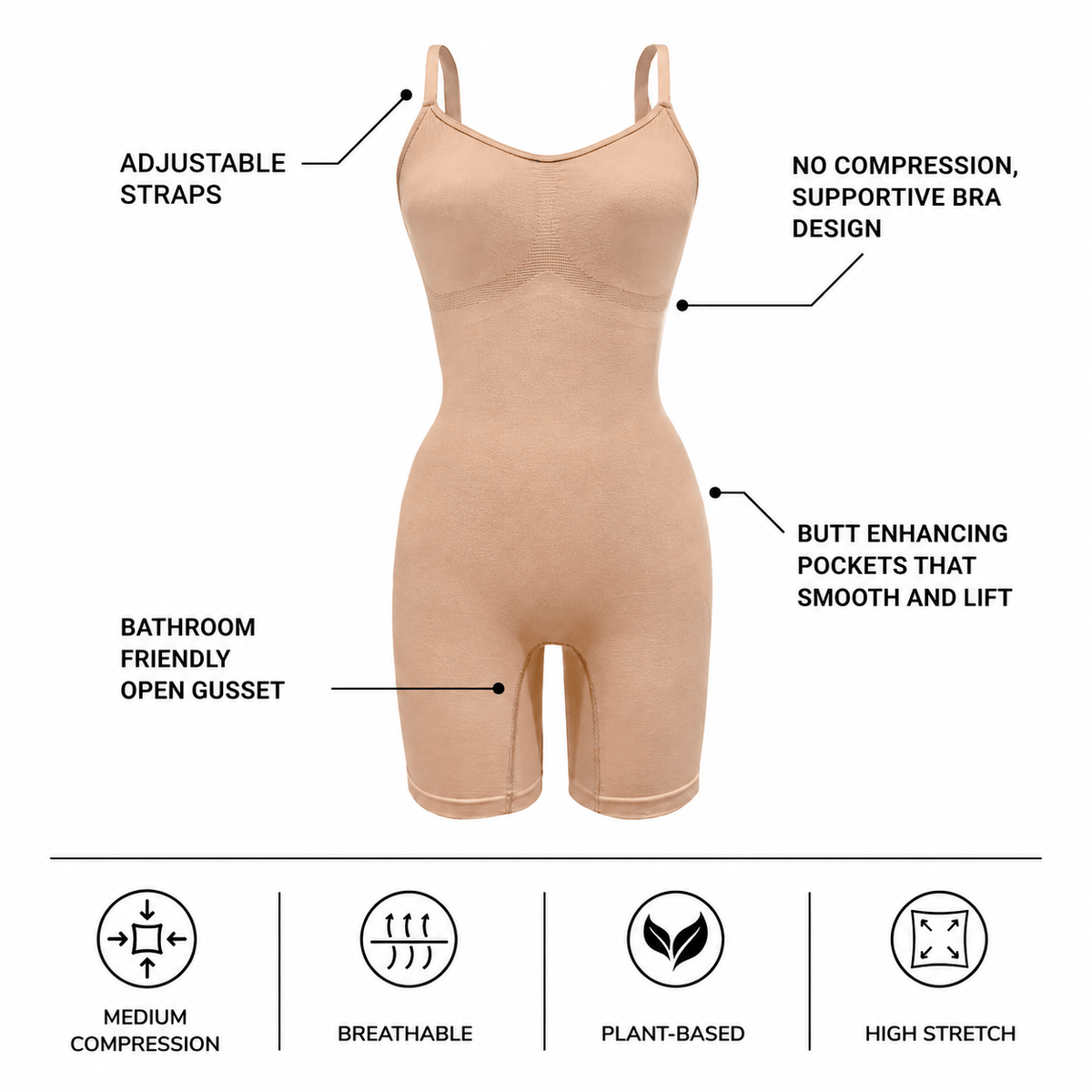 Mid-Thigh Shapewear Bodysuit by PROCLAIM in plant-based EVO fabric with adjustable straps and light smoothing support