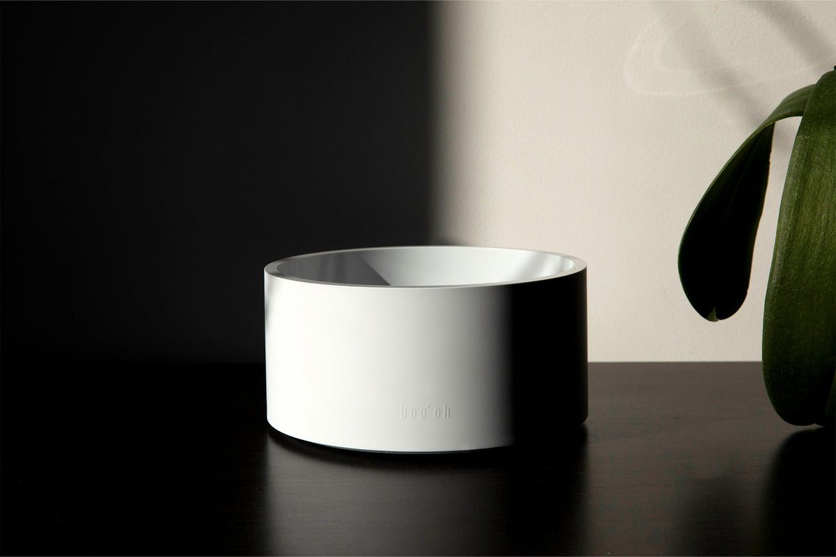 Side view of a pale Mogo Bowl on a glossy black surface beside the leaves of a green plant.