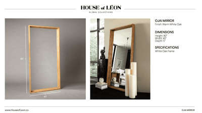 Ojai mirror with dimensions and specifications displayed on a white background.