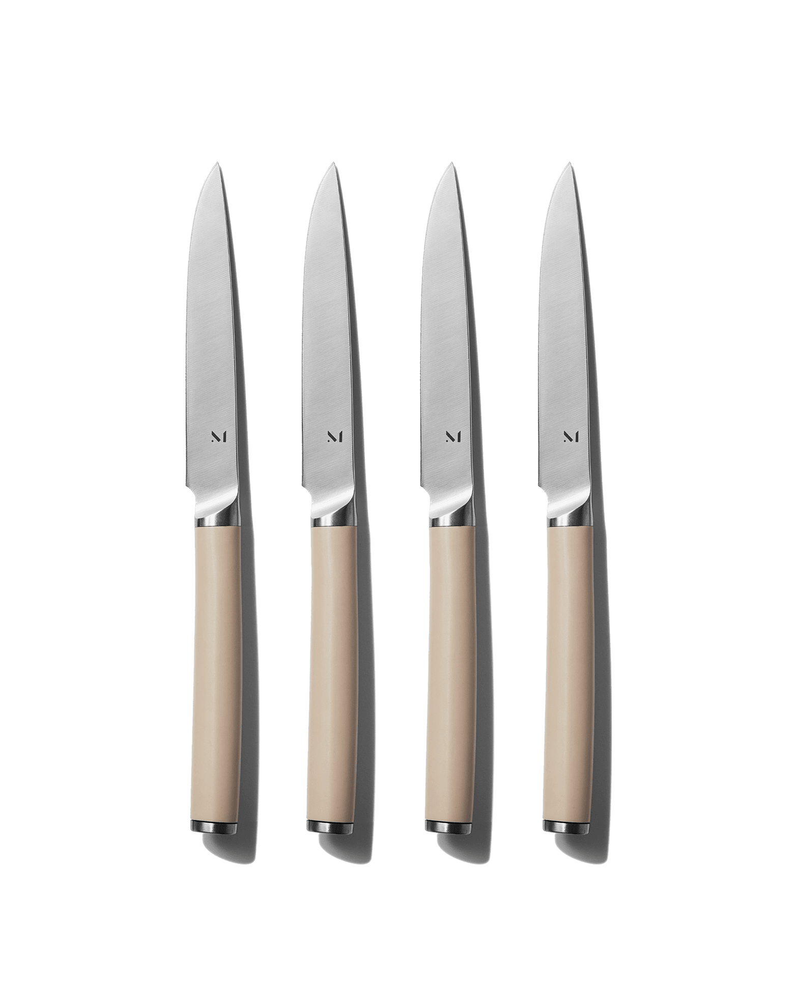 The Table Knives set of four with matte handles, Morel color standing upright on white background