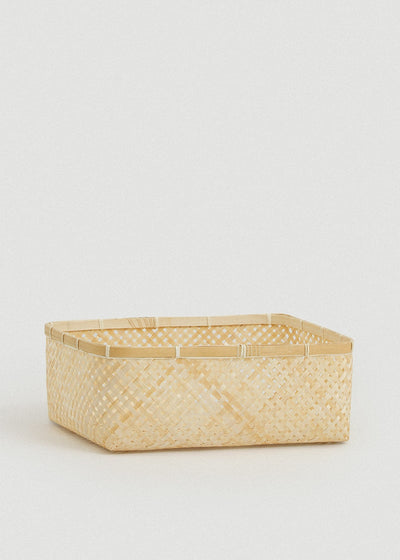 Medium rectangular basket with natural woven sides and a structured bamboo frame.