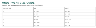 PROCLAIM underwear size guide chart for the Organic Cotton Mid-Rise Brief showing sizes S through 3X