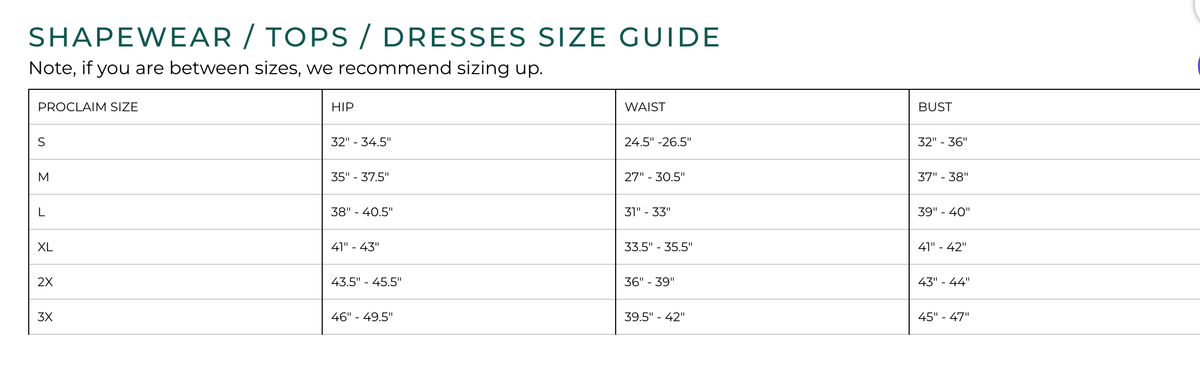 PROCLAIM size guide chart for shapewear, tops, and dresses showing sizes S/M through 2XL/3XL