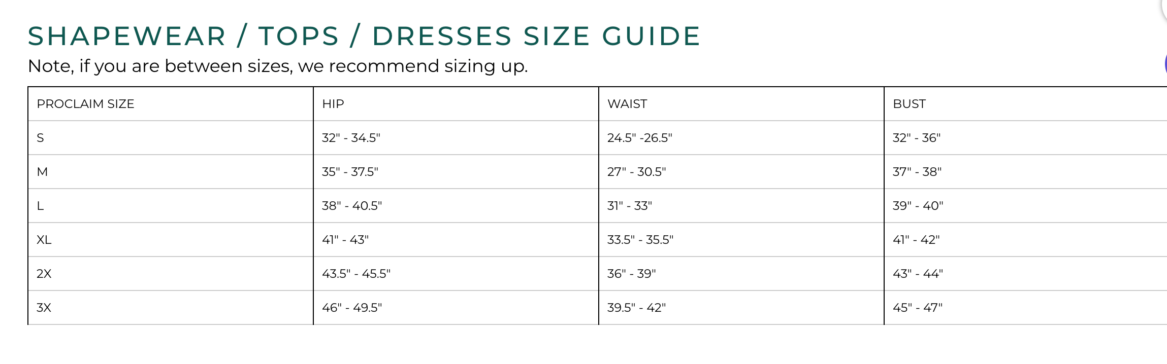 Shapewear size guide for seamless bodysuit with S M L XL and plus size fit chart, PROCLAIM Size Guide for Body Suits and Dresses