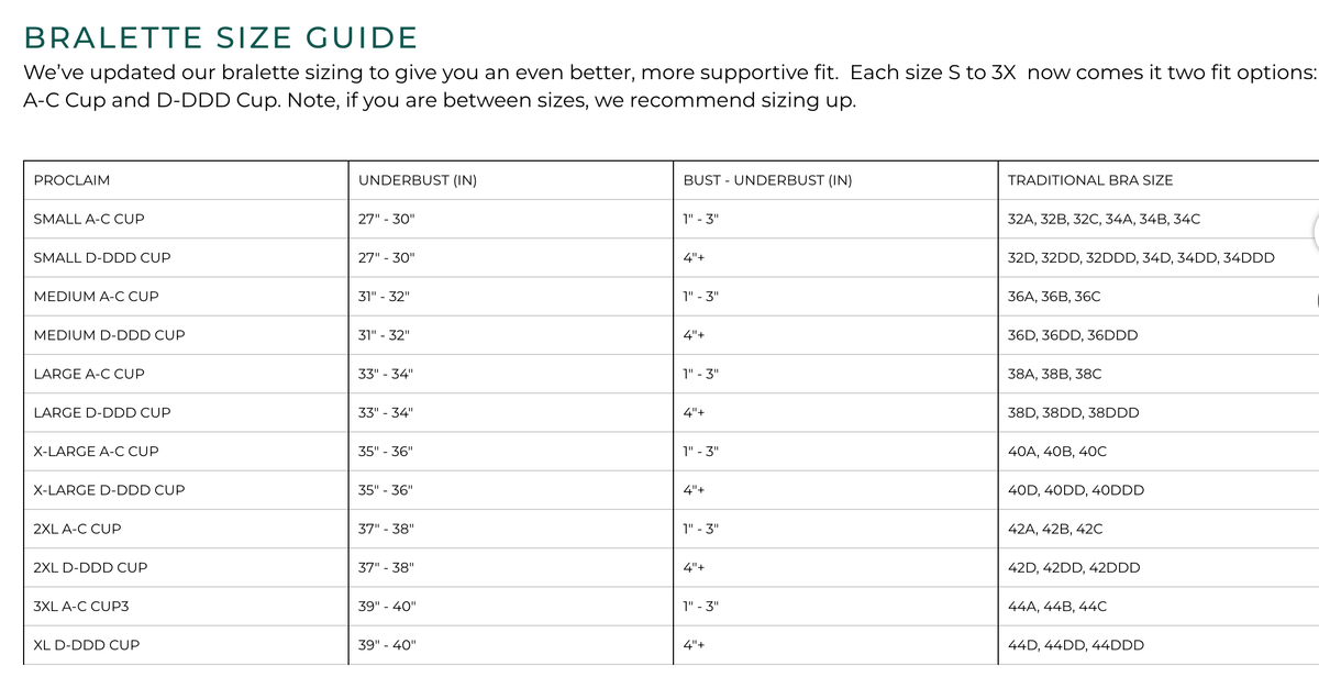PROCLAIM bralette size guide chart for the Organic Cotton Square Neck Bralette showing sizes and cup fit