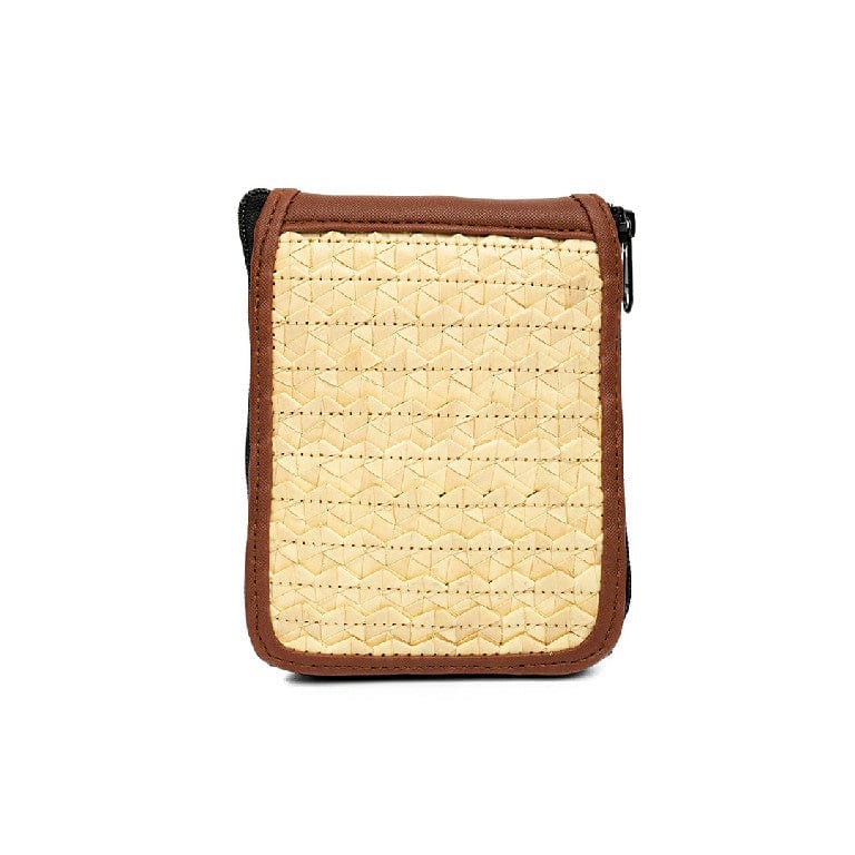 Village Thrive Rattan & Canvas Compact Eco Tote Bag, natural rattan cane with brown trim, folded case front view.