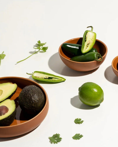 Stoneware bowl in Terracotta styled overhead with avocado, lime, and herbs