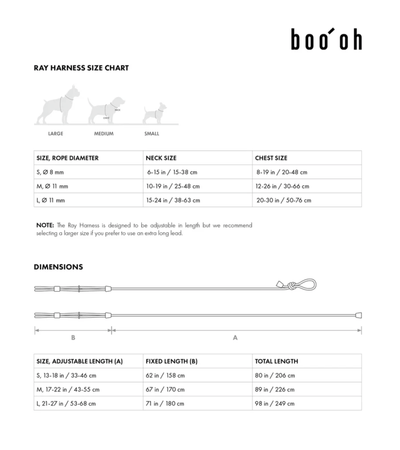 Ray Harness size chart with dimensions and booh branding