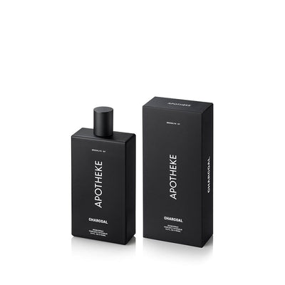 Charcoal Room Spray bottle in matte black glass beside APOTHEKE packaging box