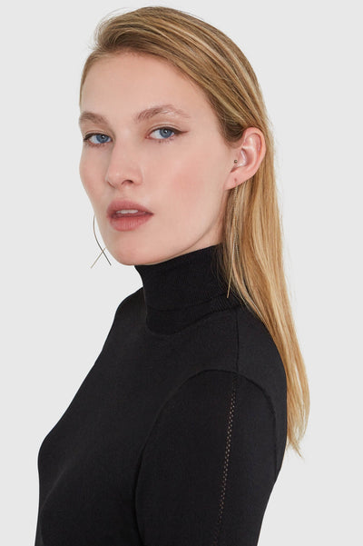 Mira Turtleneck Viscose Bodysuit in black, front detail view — Santicler Japandi fashion