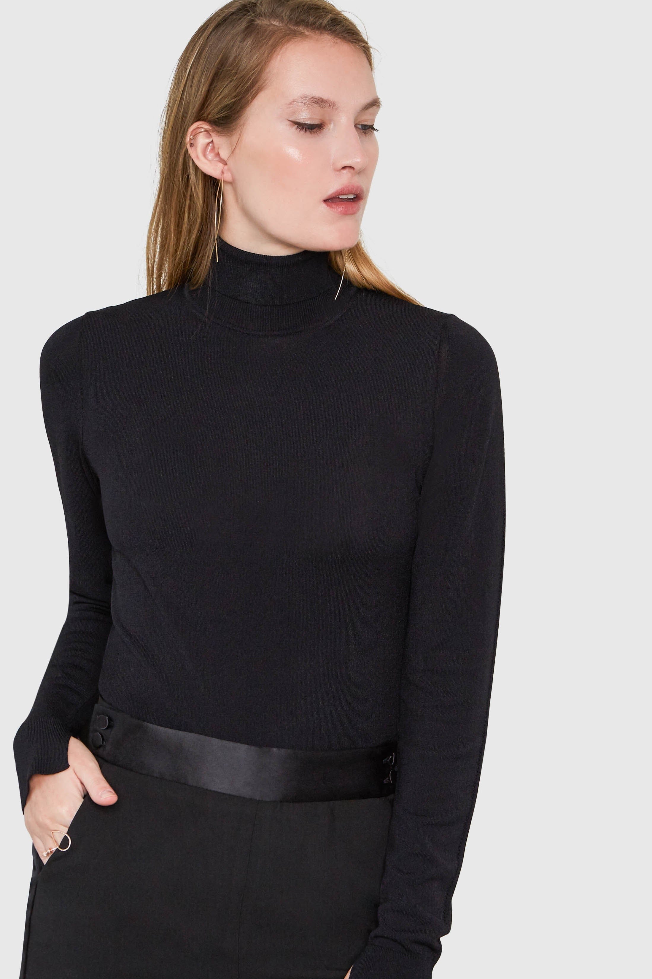 Mira Turtleneck Viscose Bodysuit in black, side view — Santicler Japandi fashion