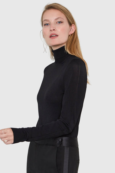 Mira Turtleneck Viscose Bodysuit in black, back view — Santicler Japandi fashion