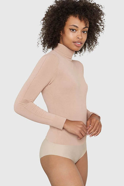 Mira Turtleneck Viscose Bodysuit in beige, three-quarter view — Santicler Japandi fashion
