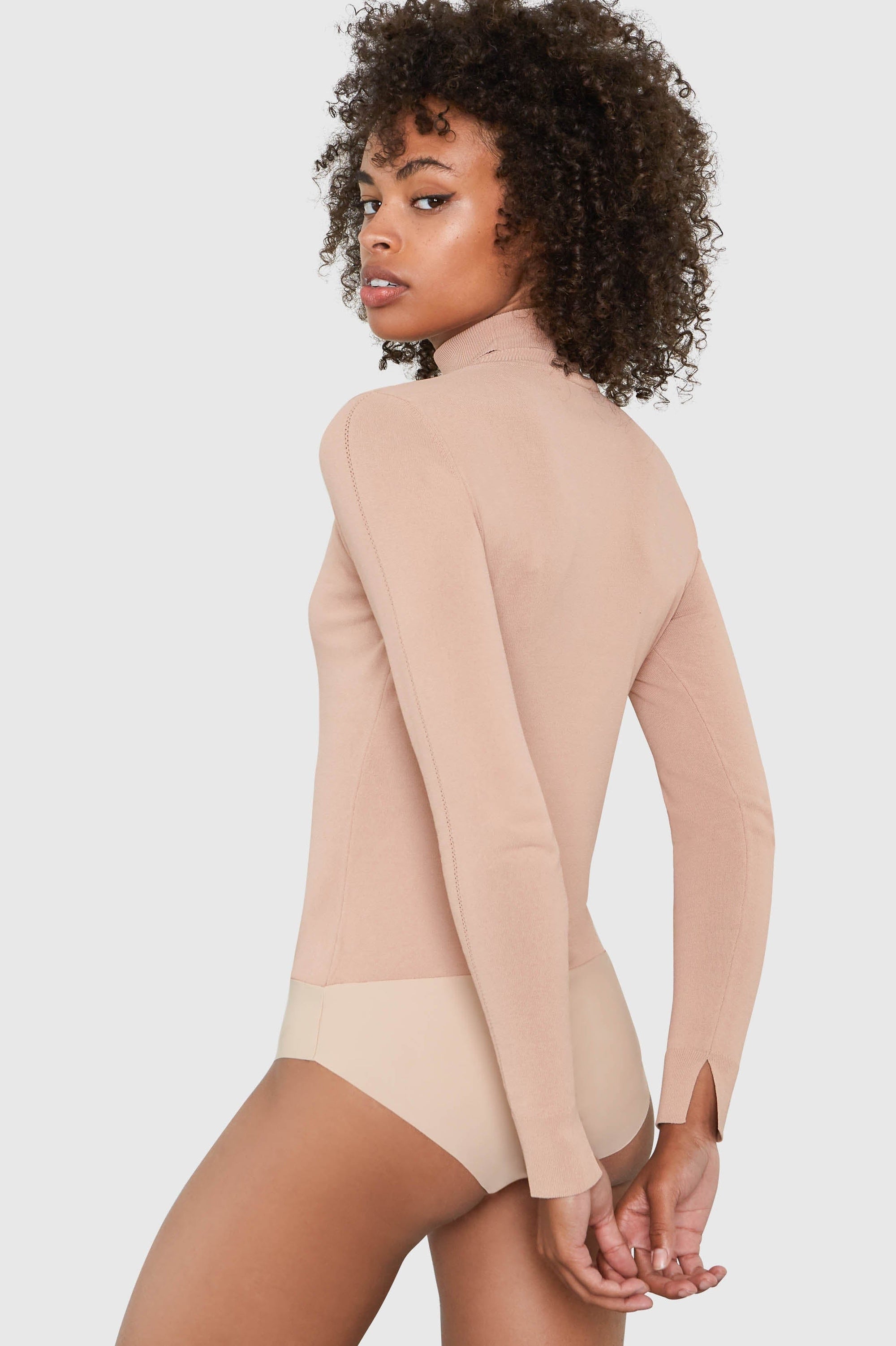 Mira Turtleneck Viscose Bodysuit in beige, back view — Santicler Japandi fashion
