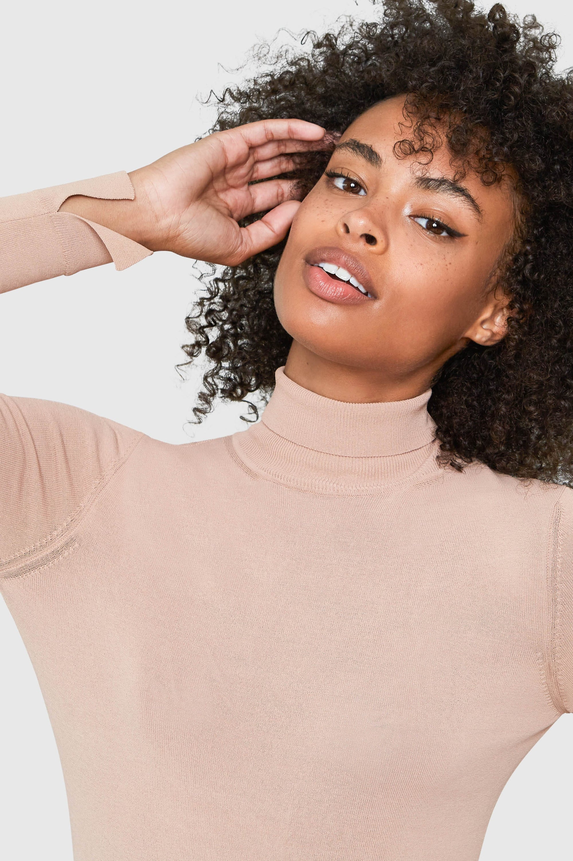 Mira Turtleneck Viscose Bodysuit in beige, front close view — Santicler Japandi fashion
