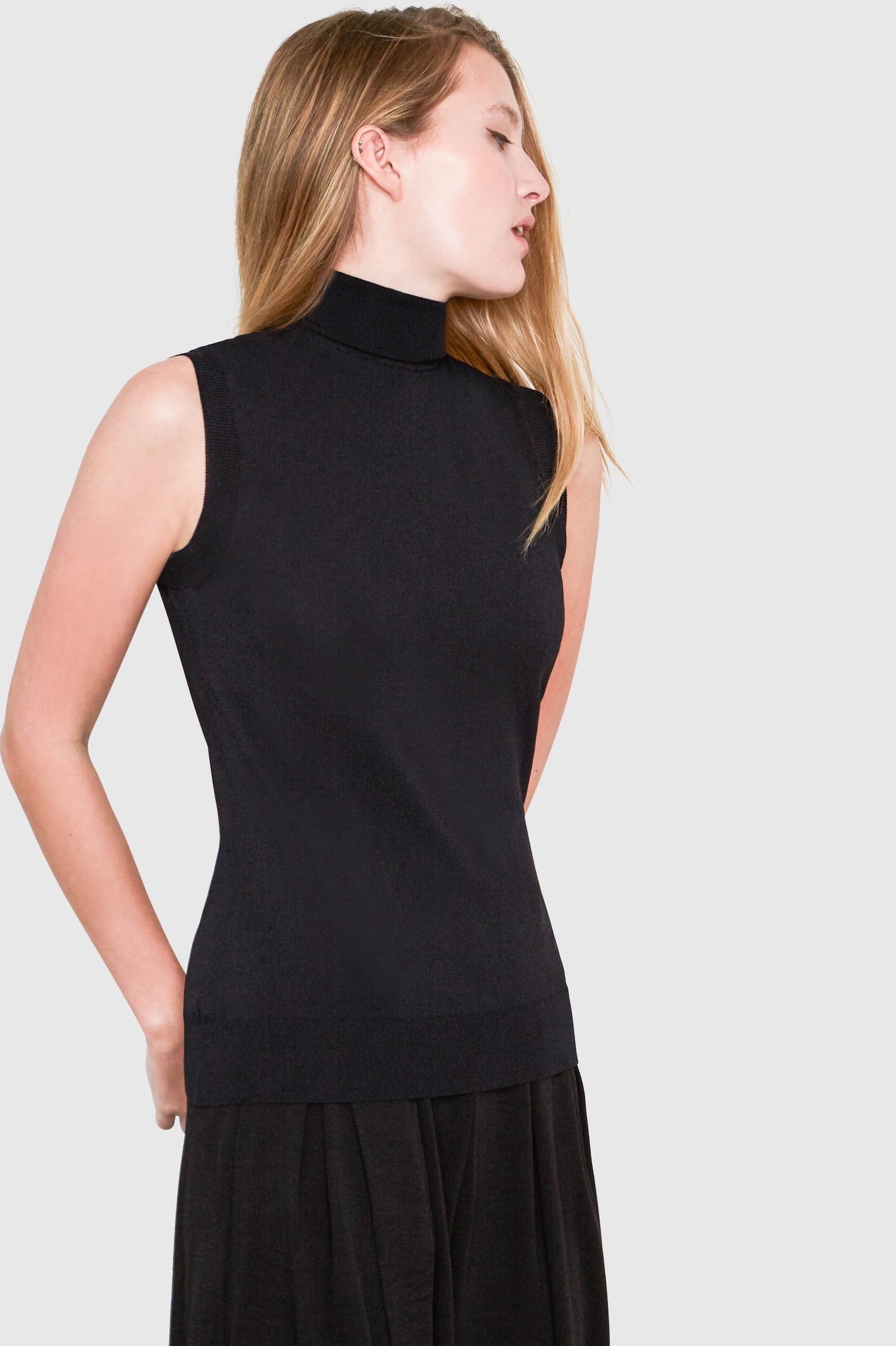 Hepburn Sleeveless Turtleneck Sweater in black, front three-quarter view — Santicler Japandi fashion
