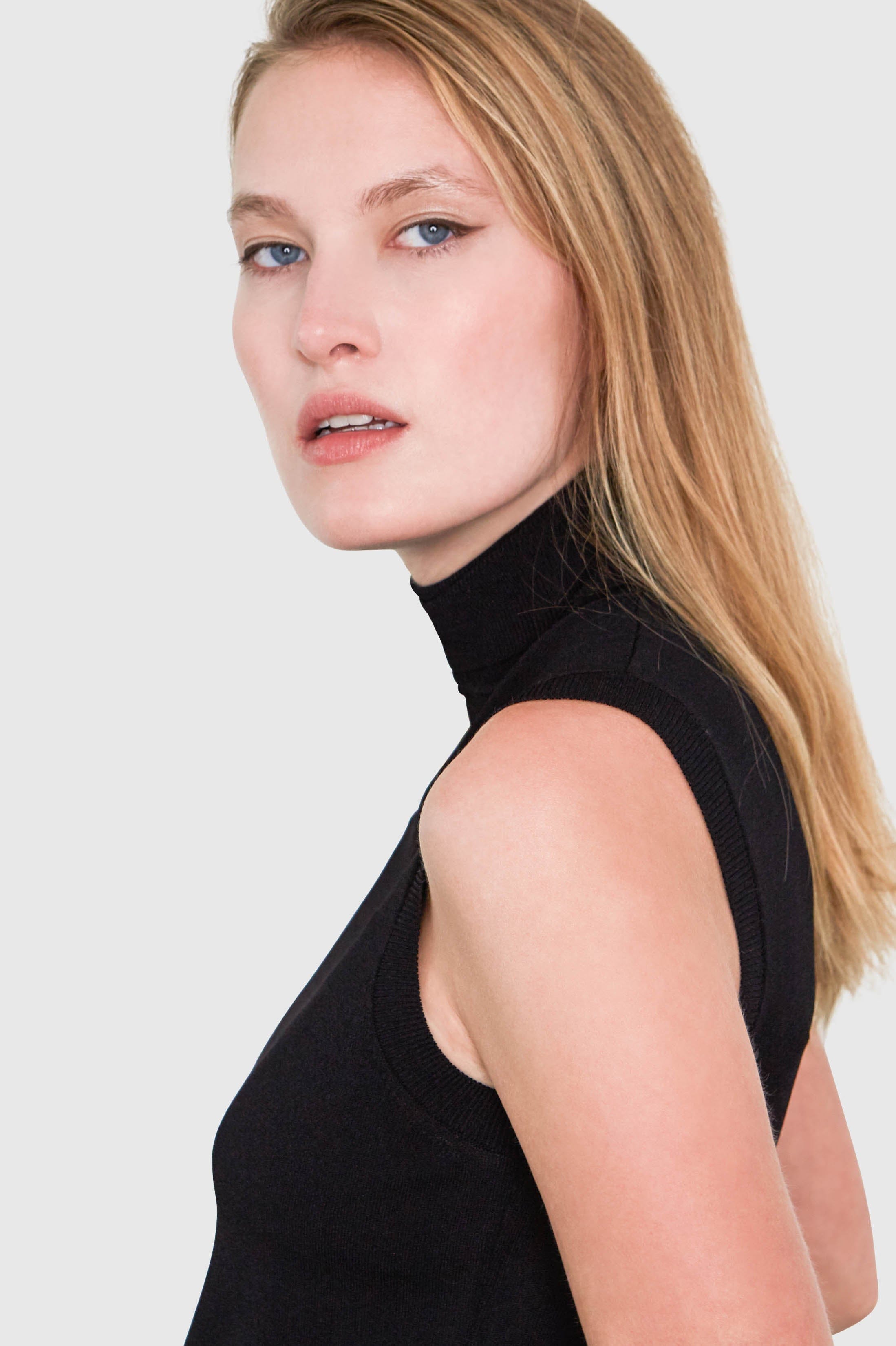 Hepburn Sleeveless Turtleneck Sweater in black, front close view — Santicler Japandi fashion