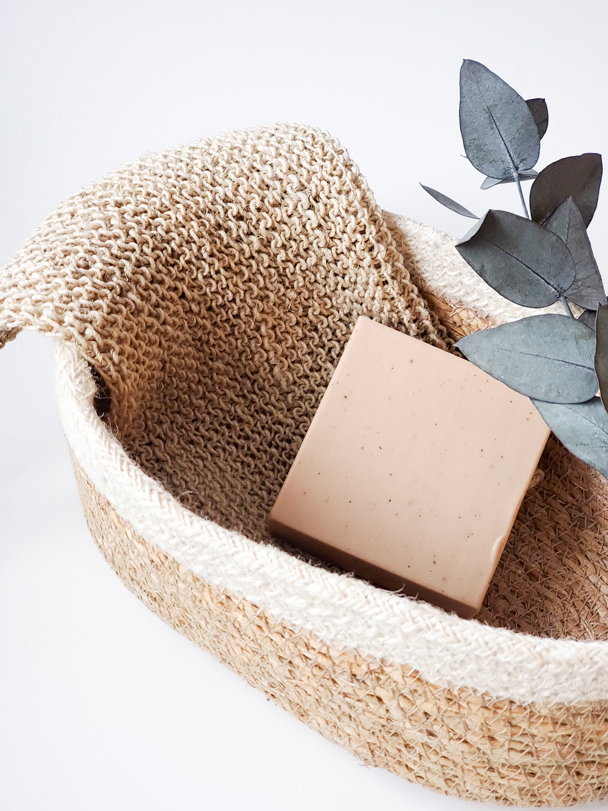 Korissa Hemp Washcloth rolled in basket with gift box, eucalyptus