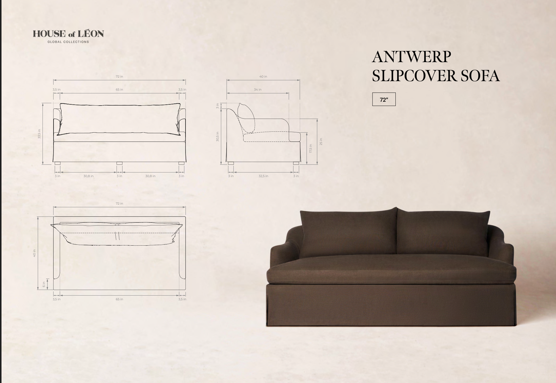 A dark brown slipcover sofa shown on a light beige background with architectural line drawings and text reading 'HOUSE de LÉON' and 'ANTWERP SLIPCOVER SOFA'.