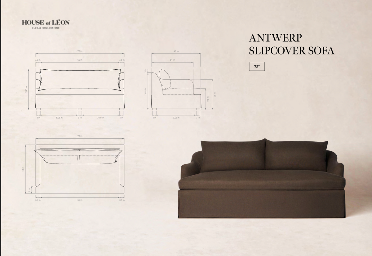A dark brown slipcover sofa shown on a light beige background with architectural line drawings and text reading 'HOUSE de LÉON' and 'ANTWERP SLIPCOVER SOFA'.